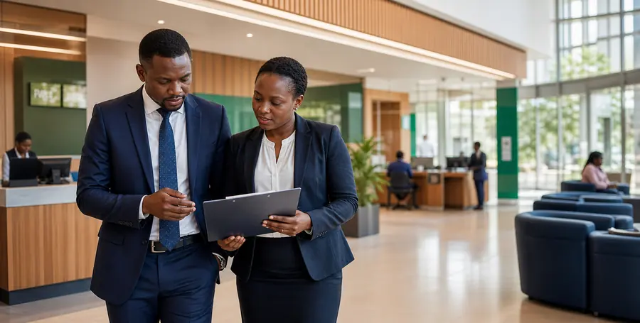 Two bank officers reviewing a branch report together in a banking hall.